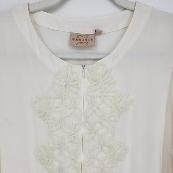 Rungolee Embellished Floral Applique Silk Blouse Top S Womens Long Sleeve‎ Cream - Picture 5 of 10